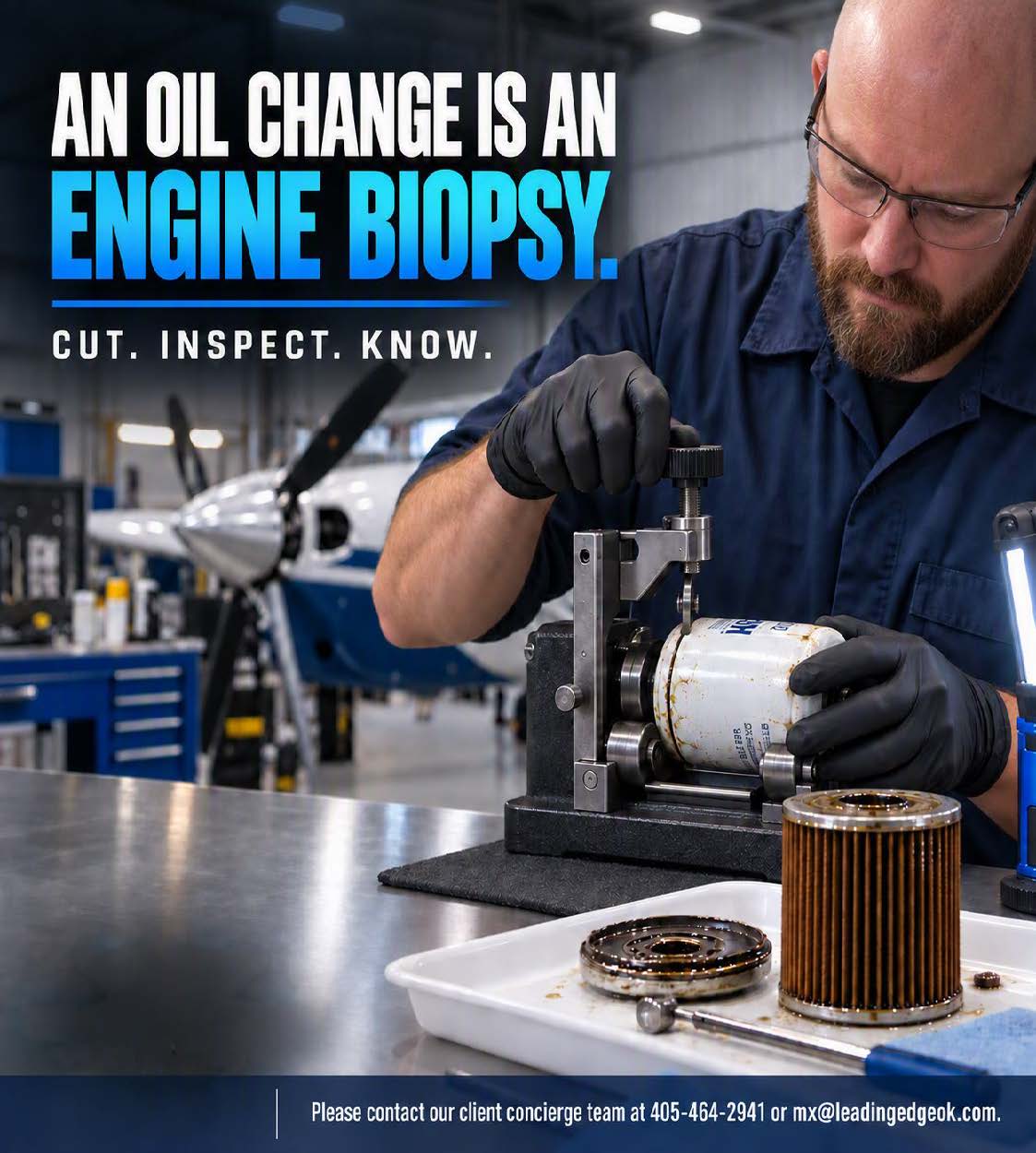A Leading Edge Aviation technician cutting open an oil filter to inspect the filter media for abnormal metal
